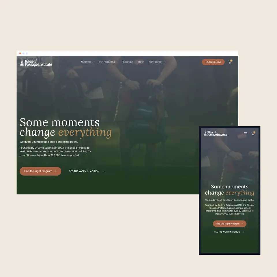 The Rites of Passage Institute homepage on desktop and phone