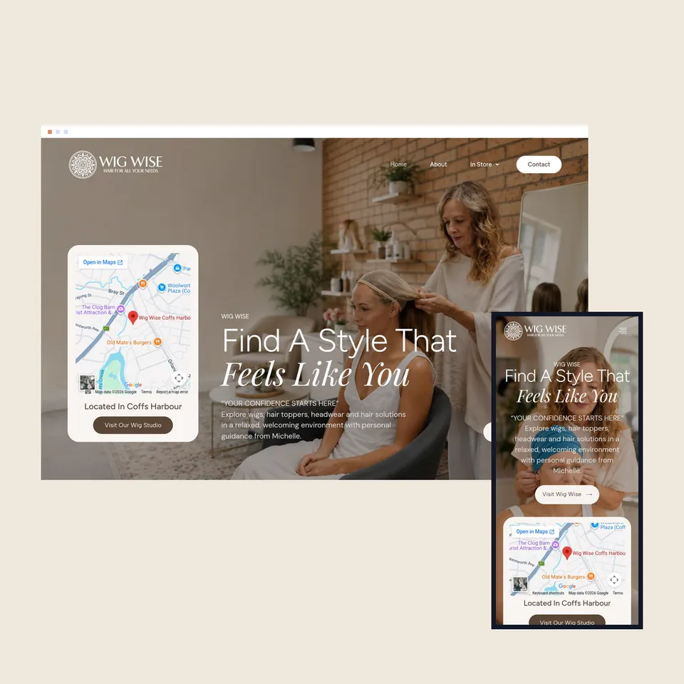 The Wig Wise homepage on desktop and phone