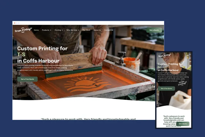 The Coffs Coast Screen Printing website on desktop and mobile