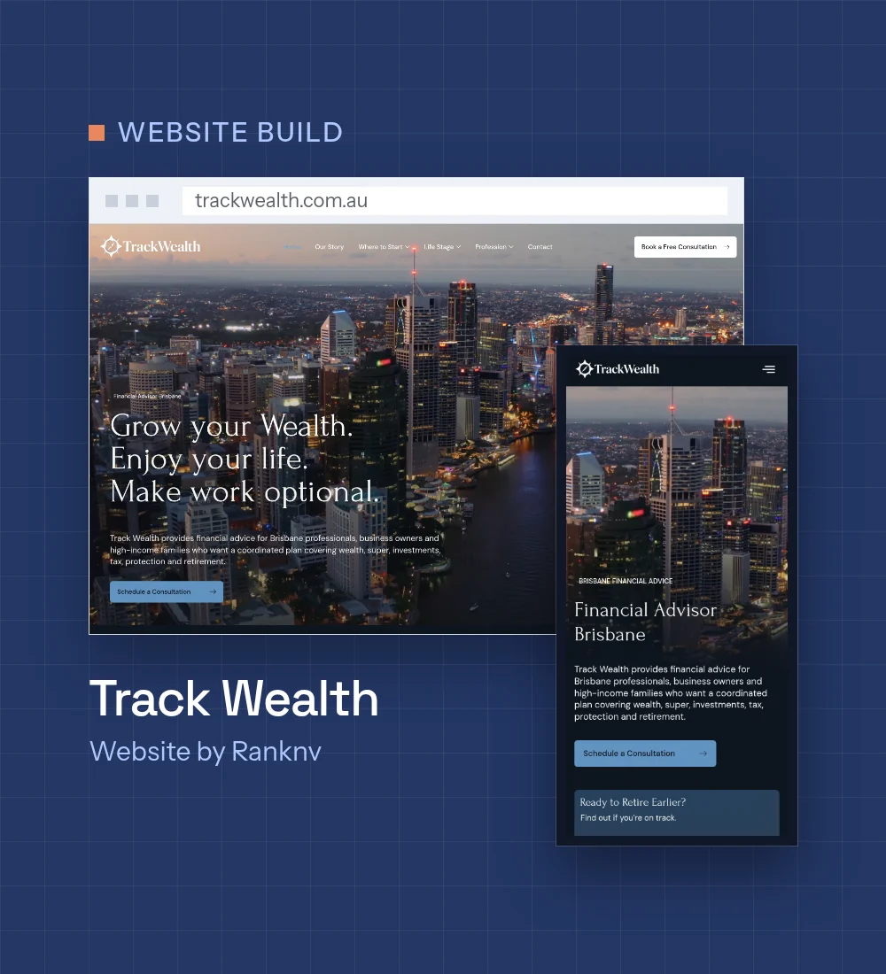 The Track Wealth website, built by Ranknv, on desktop and mobile